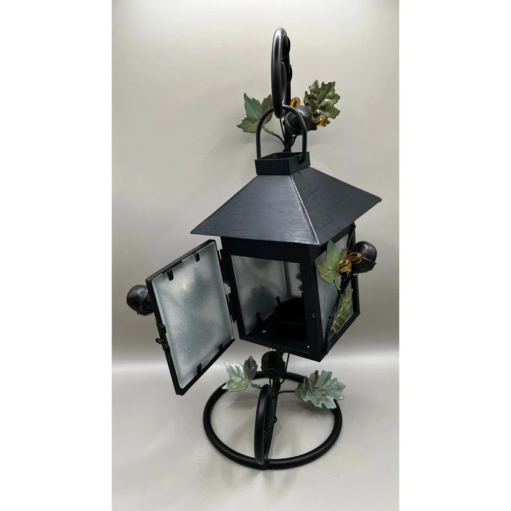 Black Metal Hanging Lantern Leaf Acorn Stand Tea Light Votive Holder 12